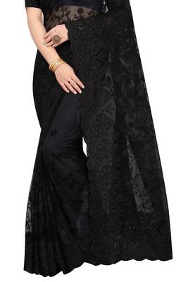 Black plain net saree with blouse 3