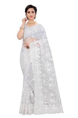 White plain net saree with blouse 1