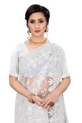White plain net saree with blouse 2