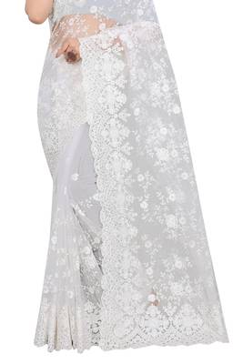 White plain net saree with blouse 3