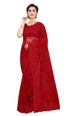 Red plain net saree with blouse 1