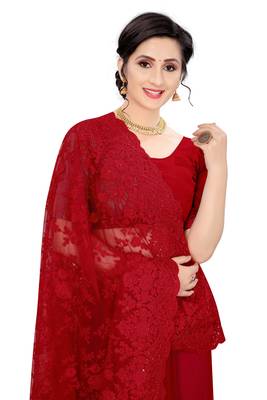 Red plain net saree with blouse 2