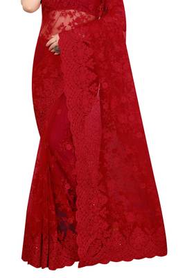 Red plain net saree with blouse 3