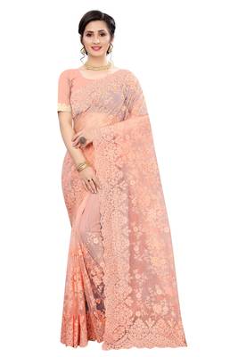 Peach plain net saree with blouse 1