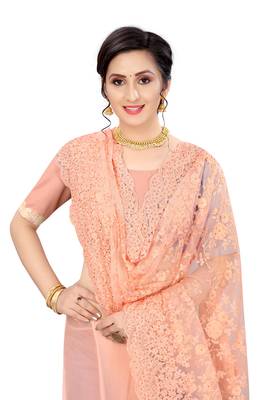 Peach plain net saree with blouse 2