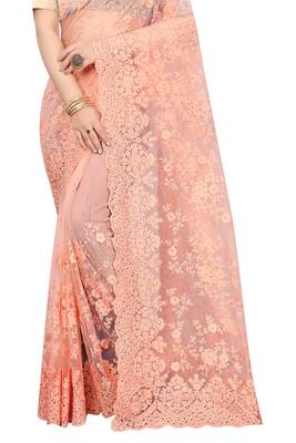 Peach plain net saree with blouse 3