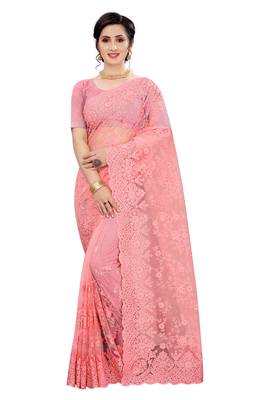 Pink plain net saree with blouse 1