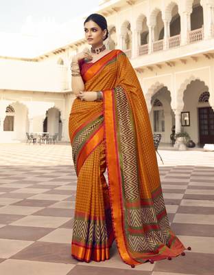 Dark orange printed brasso saree with blouse 1
