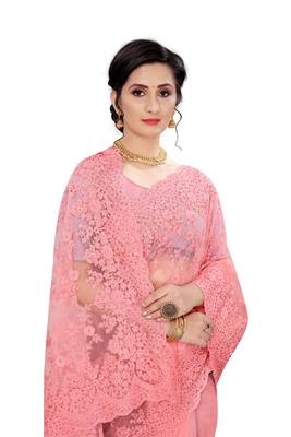 Pink plain net saree with blouse 2