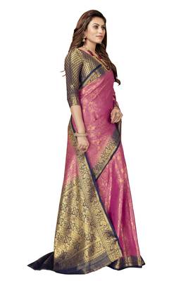 Pink woven jacquard saree with blouse 2