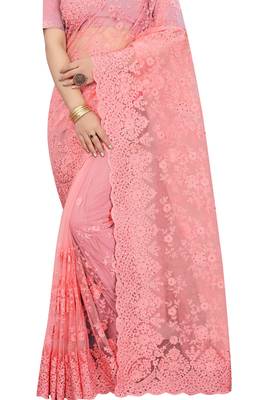 Pink plain net saree with blouse 3