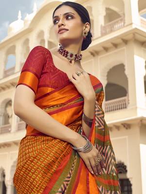 Dark orange printed brasso saree with blouse 2