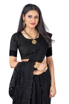 Black plain net saree with blouse 2