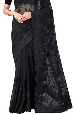 Black plain net saree with blouse 3