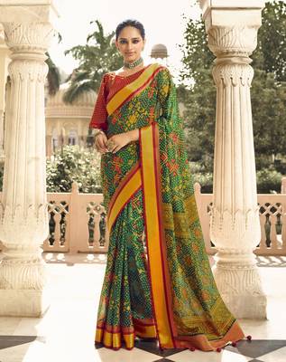 Green printed brasso saree with blouse 1