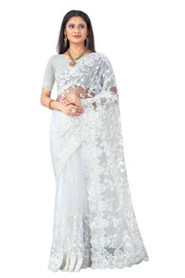White plain net saree with blouse 1