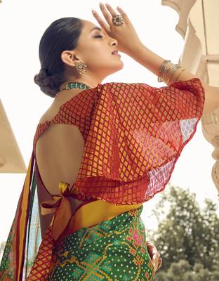 Green printed brasso saree with blouse 2