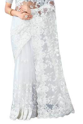 White plain net saree with blouse 3