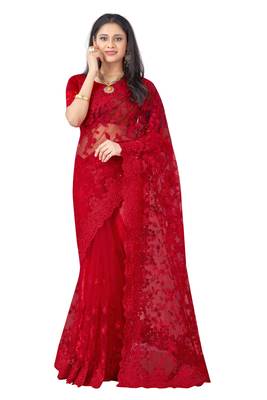 Red plain net saree with blouse 1