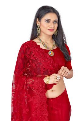 Red plain net saree with blouse 2