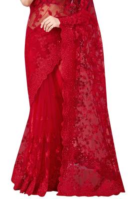 Red plain net saree with blouse 3