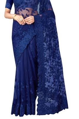 Navy blue plain net saree with blouse 3