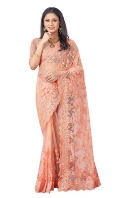 Peach plain net saree with blouse 1