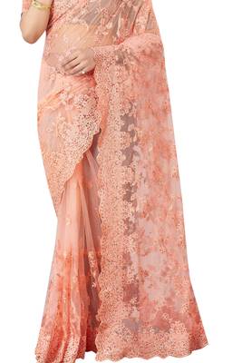 Peach plain net saree with blouse 3
