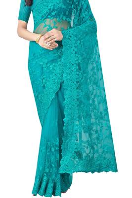 Turquoise plain net saree with blouse 3
