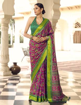 Rani pink printed brasso saree with blouse 1
