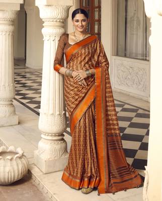 Mustard printed brasso saree with blouse 1