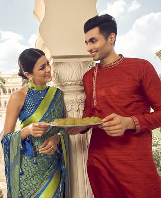 Turquoise printed brasso saree with blouse 2