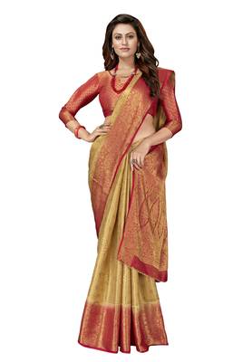 Beige woven jacquard saree with blouse 3