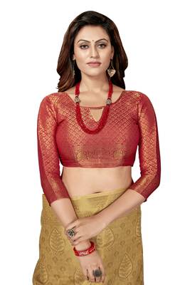Beige woven jacquard saree with blouse 5