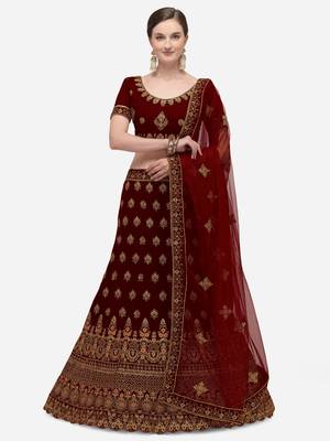 Maroon embroidered net unstitched lehenga 1
