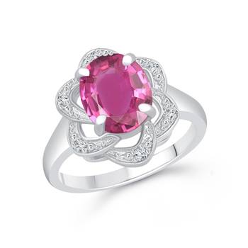 Pink Ruby Diamond Studded Floral Design Rhodium Plated Ring for Women and Girls 1