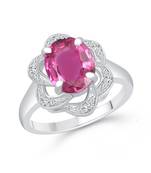 Pink Ruby Diamond Studded Floral Design Rhodium Plated Ring for Women and Girls