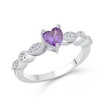 Purple Heart Diamond Studded Rhodium Plated Brass Ring for Women and Girls 1