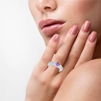 Purple Heart Diamond Studded Rhodium Plated Brass Ring for Women and Girls 2