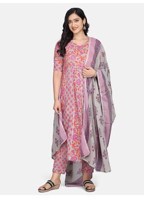 Grey Floral Printed Kurta With Pant And Dupatta 5