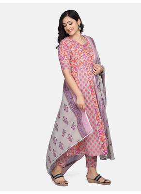 Grey Floral Printed Kurta With Pant And Dupatta 10