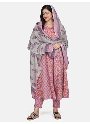 Grey Floral Printed Kurta With Pant And Dupatta 15