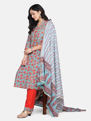 Green Floral Printed Kurta With Pant And Dupatta 6