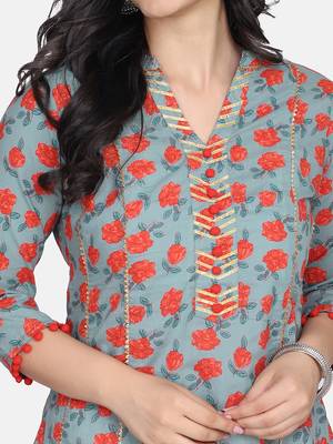 Green Floral Printed Kurta With Pant And Dupatta 8