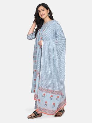 Blue Printed Kurta With Pant And Dupatta 7