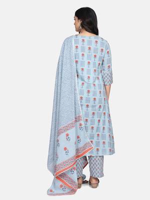 Blue Printed Kurta With Pant And Dupatta 8