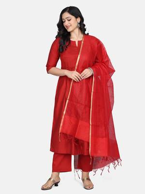 Red Solid Kurta With Pant And Chandheri Dupatta 6