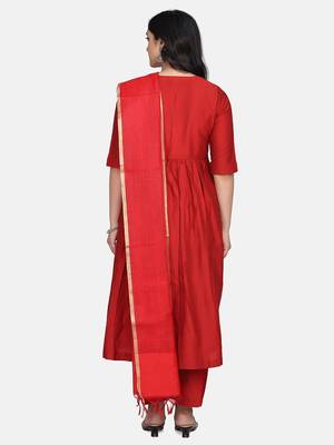 Red Solid Kurta With Pant And Chandheri Dupatta 8