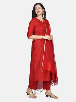 Red Solid Kurta With Pant And Chandheri Dupatta 11