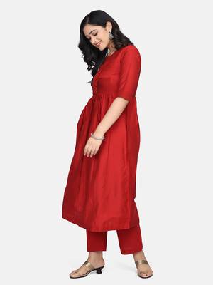 Red Solid Kurta With Pant And Chandheri Dupatta 13